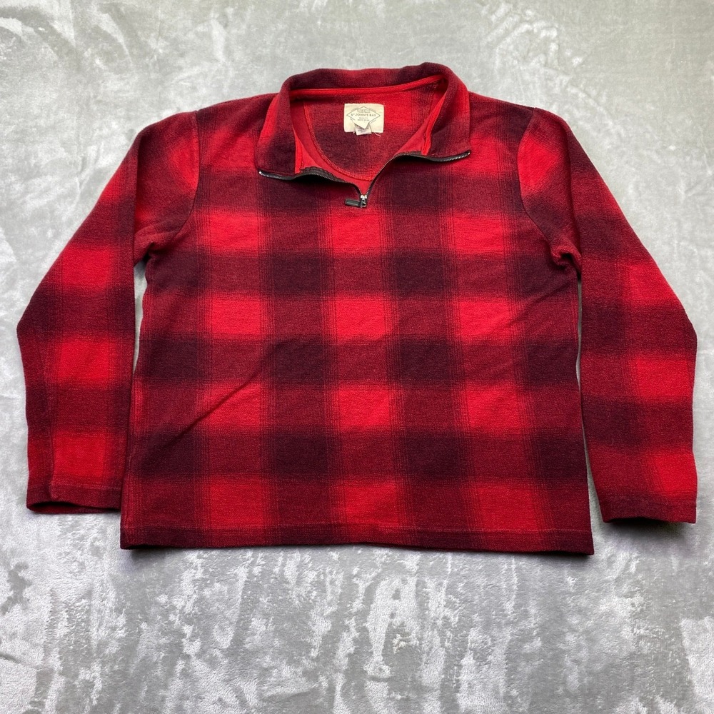 St Johns Bay Mens Red Black Plaid Fleece Quarter Zip Pullover Shirt Size L
